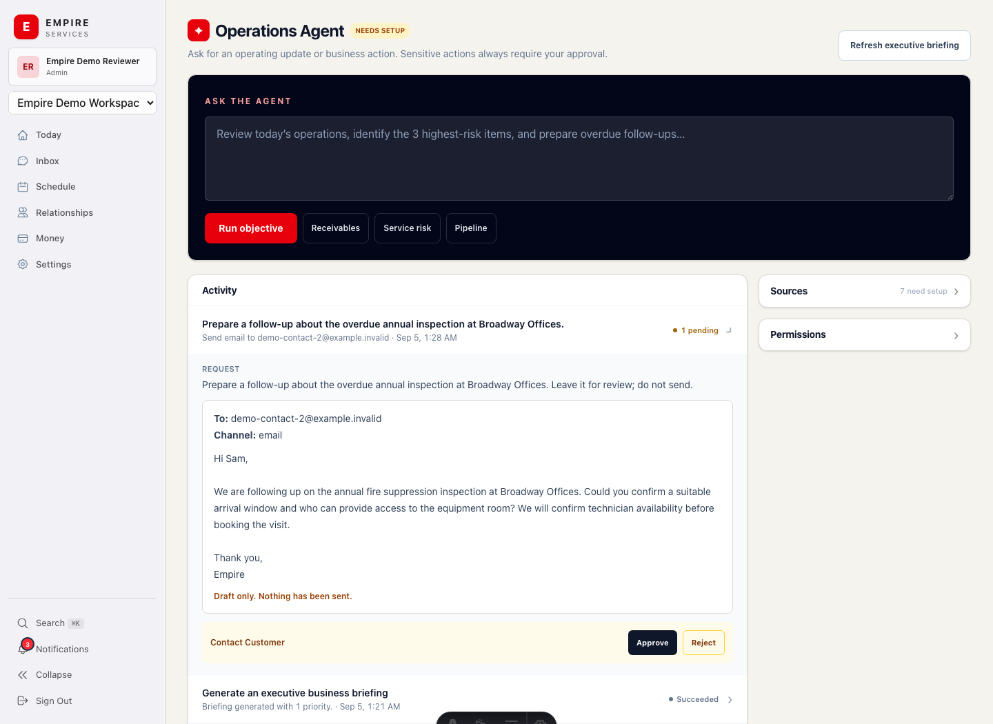 Empire Operations Agent showing an unapproved follow-up draft with recipient, message, and Approve and Reject controls.